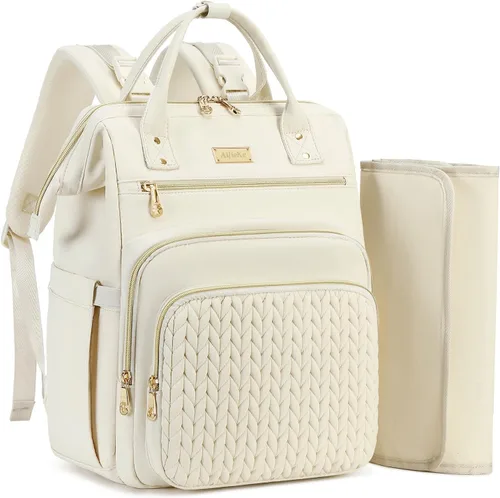 AIJIEKE Bolsa de pañales, mochila grande para pañales de bebé de gran apertura, bolsa de viaje multifuncional para bebé, bolsa de pañales con Beige