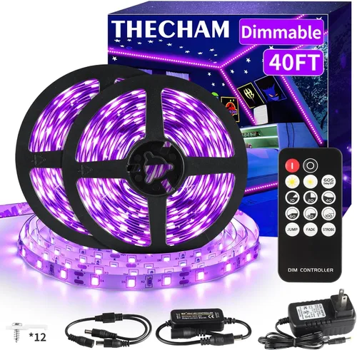 Miniatura 8 de THECHAM Tira de luz negra de 40 pies con control remoto, 720 cuentas de lámpara LED, luces flexibles de 12 V para fiesta brillante, regulable