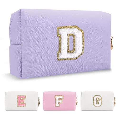 Miniatura 174 de Pequeña bolsa de maquillaje personalizada con inicial A-Z Preppy Patch, bolsa de cosméticos de viaje de felpilla blanca con cremallera, bonita bolsa