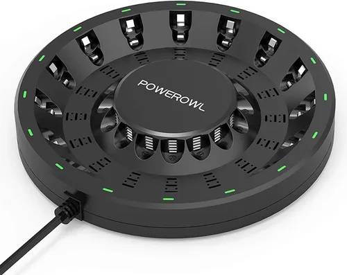 POWEROWL 16 Bay AA AAA cargador de batería (actualizado, carga de alta velocidad) con luz LED inteligente y enchufe, para baterías recargables NIMH