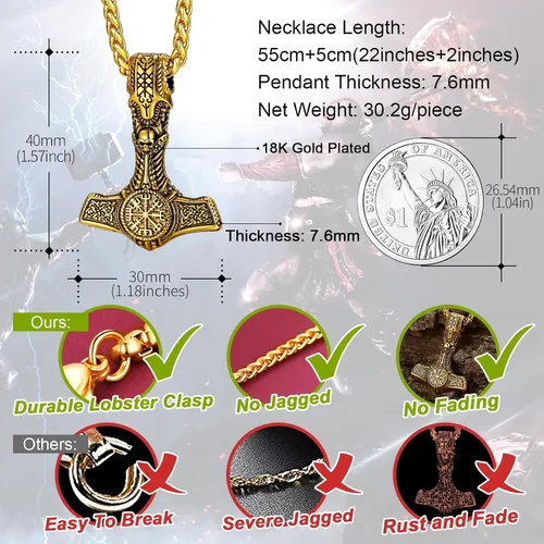 Miniatura 3 de FaithHeart Collar de martillo de Thor vikingo, acero inoxidable, plata de ley, amuleto Vegvisir Mjolnir con cadena de trigo resistente, Acero