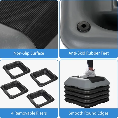 Miniatura 4 de Banco de plataforma de entrenamiento aeróbico ajustable de 16 pulgadas con 4 elevadores de 4-6-8-10-12 pies de altura para gimnasio en casa, Gris