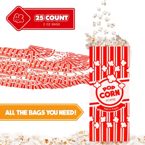 Miniatura 2 de Bolsas de Papel para Palomitas de Maíz Poppy's – 25 Bolsas de Grado Comercial de 2 oz, Accesorios para Máquina de Palomitas para Barras