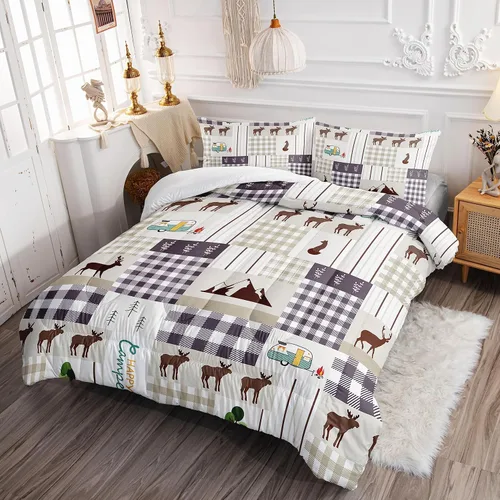 Miniatura 3 de Juego de edredón Happy Camper - Juego de cama rústico con estampado de cabaña y ciervos con 1 edredón y 2 fundas de almohada para dormitorio