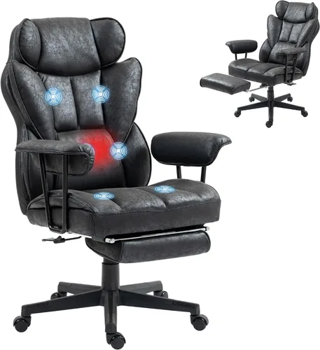 HOMCOM Silla de oficina ejecutiva de masaje con 6 puntos de vibración, silla de oficina grande y alta con calefacción de 400 libras con reposapiés y