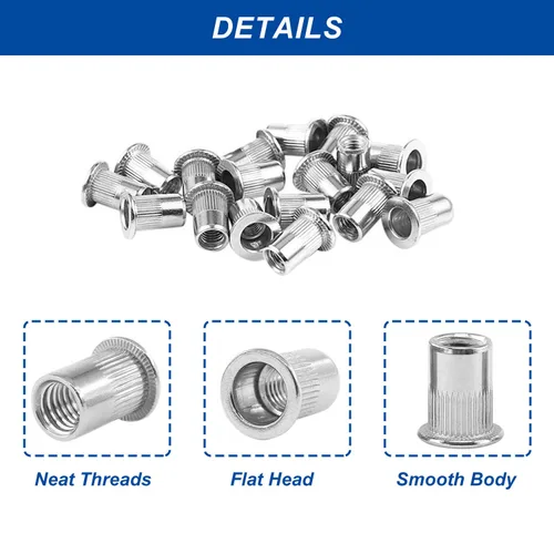 Miniatura 5 de Tuercas remachadoras de 1/4"-20 – 50 tuercas remachables de acero inoxidable, tuerca de inserción de cabeza plana con cuerpo moleteado