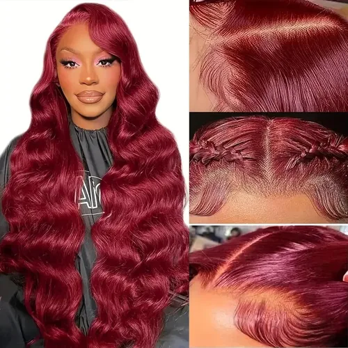 Miniatura 12 de ULRICA 99J - Pelucas de encaje frontal burdeos de 20 pulgadas, pelucas de cabello humano para mujeres negras 13x4, encaje HD burdeos, peluca de Rojo