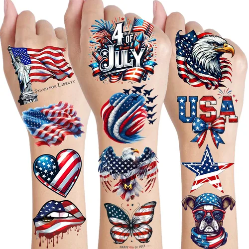 49 hojas de tatuajes del 4 de julio, Día de la Independencia, patrióticos temporales tatuajes para veteranos laborales estadounidenses, decoración
