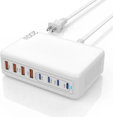 Bloque de Cargador USB C, Cargador Tipo C de 200W Carga Rápida, Estación de Carga de 8 Puertos USB C y A Hub de Escritorio GaN III Bloque Adaptador