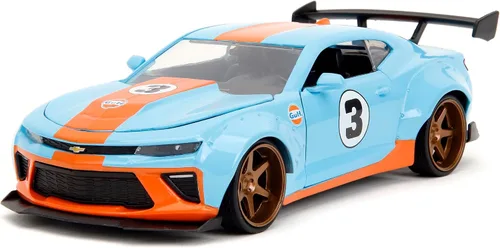 Jada Toys Big Time Muscle 1:24 2016 Chevy Camaro SS Widebody Gulf - Coche fundido a presión, juguetes para niños y adultos (azul/naranja)