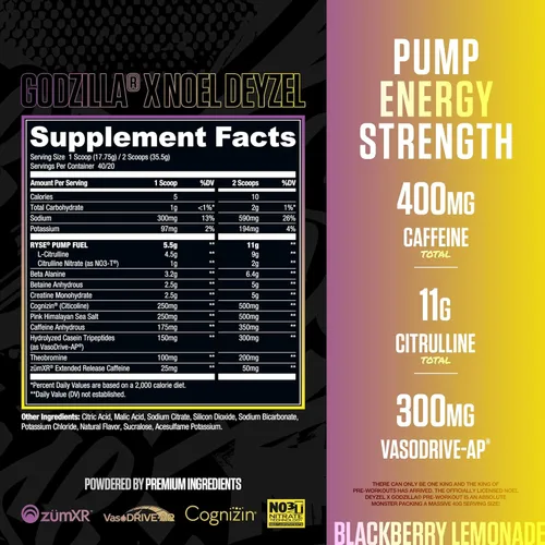 Miniatura 2 de RYSE Godzilla X Noel Deyzel - Polvo de preentrenamiento – BlackBerry Lemonade – 400 mg de cafeína, preentrenamiento de alto estímulo para hombres