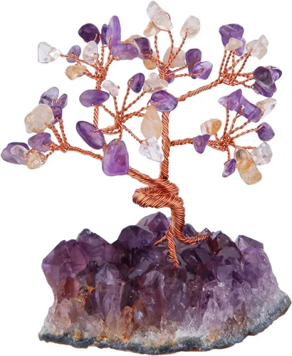 mookaitedecor Árbol de cristal de citrino y amatista con base de cristales de amatista Bonsái para riqueza y suerte Morado y amarillo