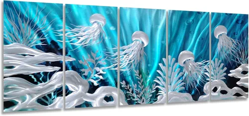 Miniatura 16 de SYGALLERIER Arte de pared abstracto de metal costero, hecho a mano, gran 3D, azul y plateado, ilustraciones modernas de olas de mar, escultura