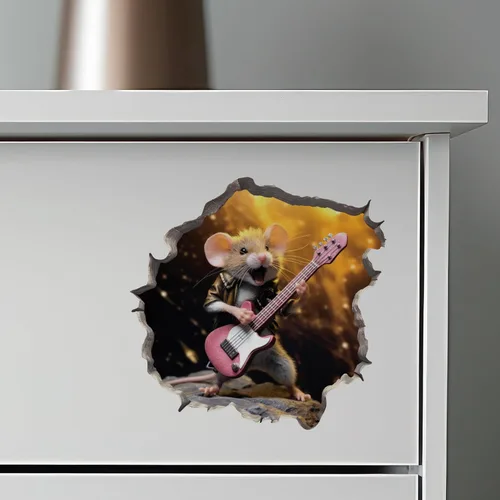 Miniatura 6 de Rock and Roll Mouse in Mouse Hole - Calcomanía de pared 3D con agujero de ratón