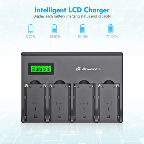 Miniatura 4 de Powerextra Cargador de batería de 4 canales con pantalla LCD para cámara Sony NP-F970, NP-F960, NP-F950, NP-F930, NP-F770, NP-F750, NP-F570, NP-F550