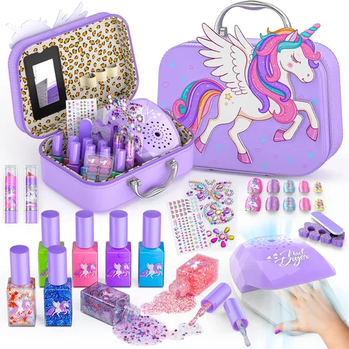 Miniatura 9 de Juego de Esmalte de Uñas para Niñas Juguetes, Kit de Arte de Uñas Lavable de Secado Rápido para Niños Pequeños con Secador de Enfriamiento por Aire