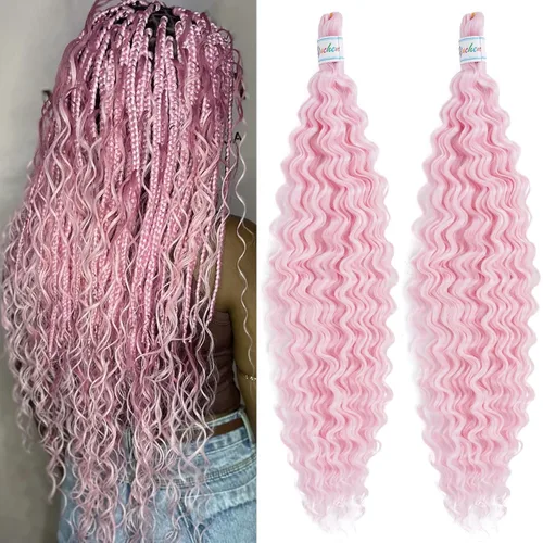 Miniatura 28 de Cabello para trenzar rizado ondulado negro 1B preestirado de onda oceánica profunda de ganchillo bohemio para trenzar de 16 pulgadas, 2 paquetes