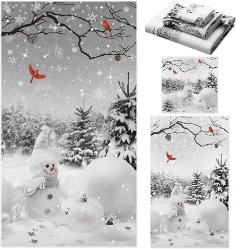Miniatura 28 de Preboun Juego de 3 toallas de baño navideñas de gnomo, toallas de mano con árbol de Navidad, toallas de baño con copos de nieve de invierno, toallas