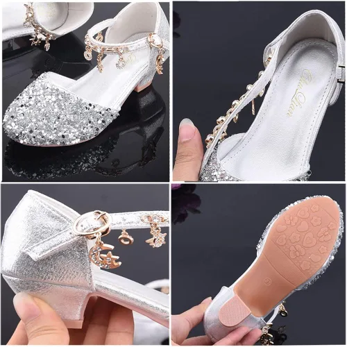 Miniatura 5 de ChuLian Sandalias para niñas con purpurina para niños, zapatos de vestir de tacón bajo con lentejuelas, sandalias de princesa para niñas pequeñas
