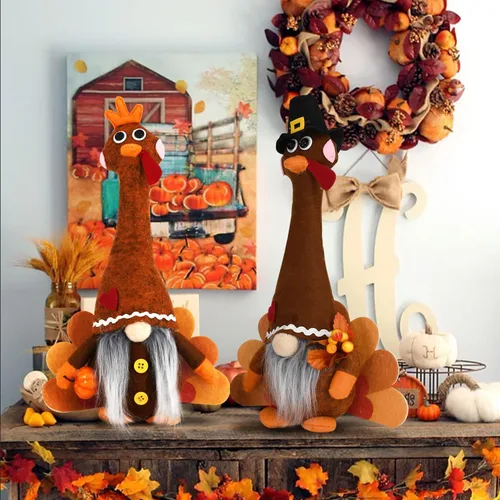 Miniatura 4 de YuQi Gnomos de pavo de peluche para el día de Acción de Gracias, 2 piezas lindas hechas a mano de cosecha de cuello largo pavo gnomo sueco, adornos