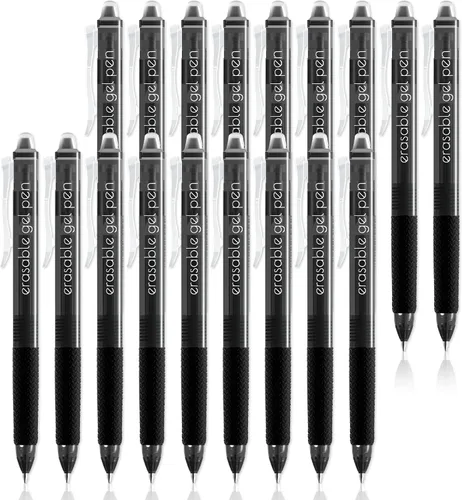 Vanstek 18 bolígrafos de gel retráctiles borrables negros con clic, punta fina (0.7), haz que los errores desaparezcan, agarre cómodo premium, tinta