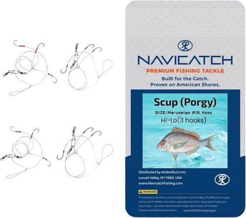 Miniatura 11 de Bagre, Scup (Porgy) y equipo de lubina – Kit de pesca de 3 ganchos Hi-Lo Bottom – Anzuelos japoneses atados a mano con línea PE – Agua salada y agua
