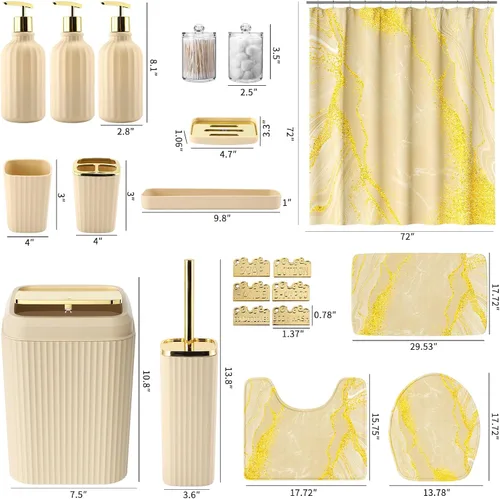 Miniatura 4 de 21PCS Bathroom Sets with Shower Curtain and Rugs Bathroom Accessories Set Beige Bathroom Set Complete with Trash Can, Toilet Brush, Qtip Holder &