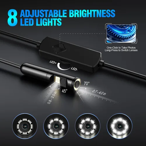 Miniatura 3 de Cámara endoscopio con luz, boroscopio HD 1920P con 8 LED ajustables, cable de serpiente semirrígido, cámara de inspección impermeable IP67 para iOS