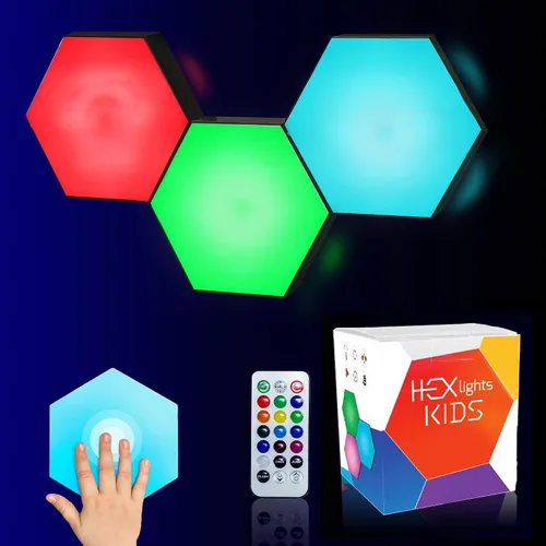 Emberela HEXlights - Luces Sensoriales para Niños, Paquete de 3 Luces Hexagonales Táctiles, Control Remoto, Paneles LED de Pared Amigables para el