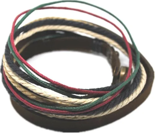 Miniatura 3 de Pulsera de cuero marrón ajustable con cuerdas multicolores y orificios metálicos para enlazar 582s