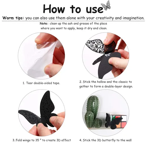 Miniatura 7 de Outus 120 piezas de calcomanías de mariposas en 3D en capas negras para pared, calcomanías de mariposas extraíbles, murales en relieve para Negro