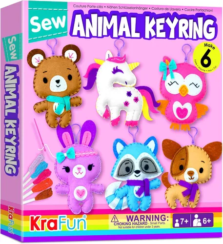 Kit de llavero de costura de unicornio KRAFUN para niños de 7, 8, 9, 10, 11, 12 años, aprende arte y manualidades, incluye 6 animales de peluche