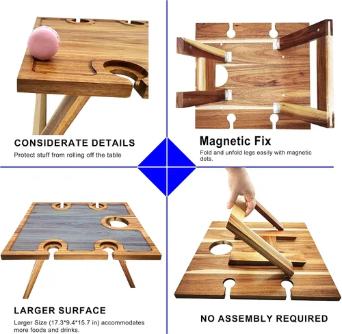 Miniatura 7 de SASIDO Mesa portátil de picnic de vino, madera de acacia, bandeja más grande plegable, tablero de charcutería, regalo de vino, decoración