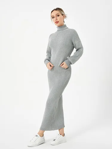 Miniatura 4 de Scacto Conjunto de dos piezas para mujer, suéter de cuello alto, sin botones, falda larga