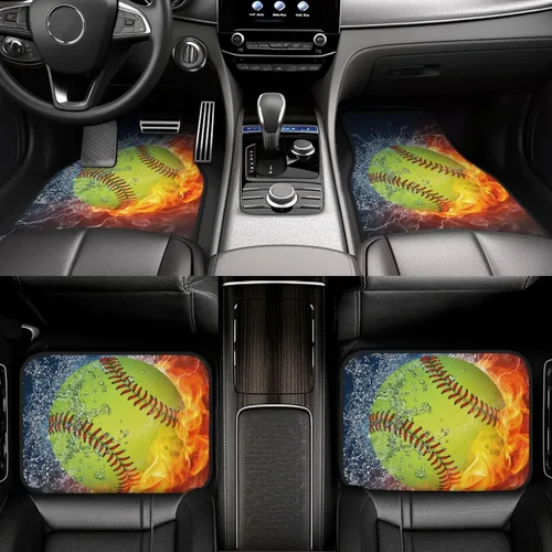 Miniatura 6 de Juego de 4 alfombrillas para piso de automóvil, softbol, béisbol en fuego y agua, estampadas, almohadillas para pies, impermeables, antideslizantes