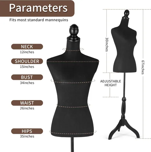 Miniatura 2 de HOMBOUR Cuerpo de maniquí femenino, forma de vestido de torso de maniquí de costura, maniquí ajustable con soporte para modista de exhibición (negro)