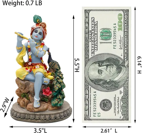 Miniatura 4 de alikiki Estatua hindú de Krishna de Dios Krishna – 5.5 pulgadas de alto indio Señor Krishna ídolo toca la flauta con artículo Murti pavo real Murti