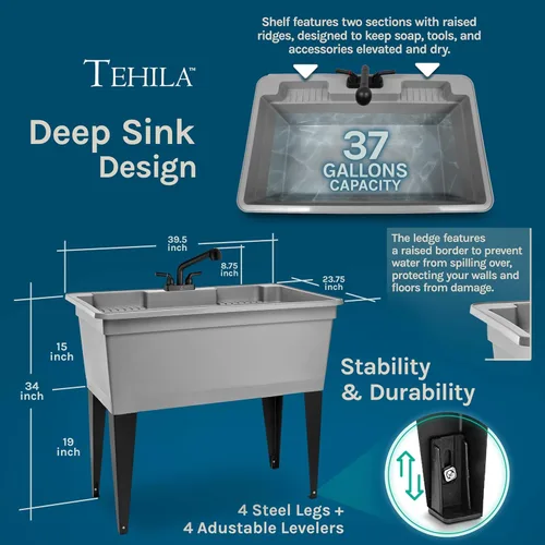 Miniatura 6 de Tehila - Fregadero independiente de doble ancho con patas de acero y grifo extraíble negro, multiusos, resistente para lavandería y fregadero de Gris