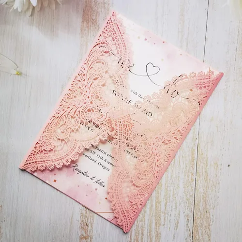 Miniatura 3 de 50 tarjetas de invitaciones de boda de encaje rosa con cintas y sobres para boda, despedida de soltera, compromiso, invitaciones de cumpleaños