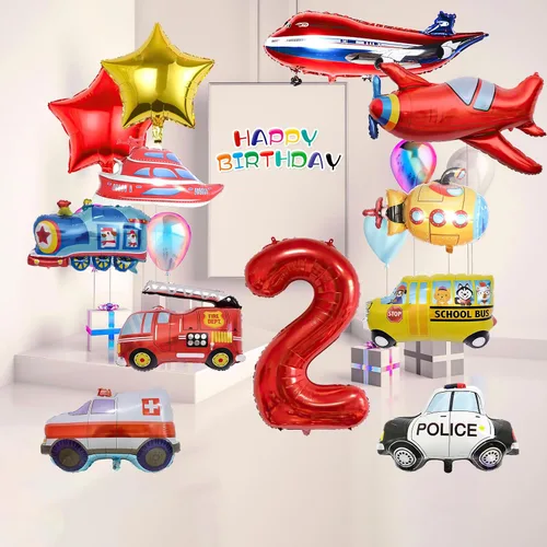 Miniatura 6 de 12 piezas de camiones de transporte, avión, autobús escolar, camión de bomberos, coche de policía, barco, ambulancia, submarino, globo de número