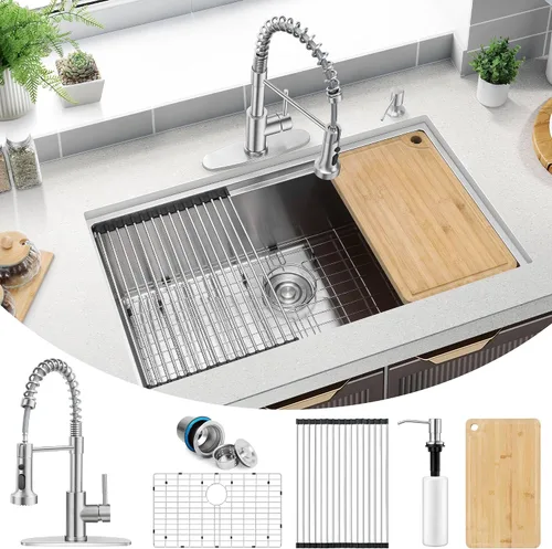 Miniatura 17 de Herogo Fregadero de cocina de 15 x 15 pulgadas, pequeño fregadero profundo de un solo tazón, hecho a mano para casa rodante, bar, lavandería, sala