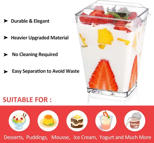Miniatura 3 de Eupako Paquete de 100 Vasos Cuadrados de Plástico Transparente de 5 oz para Postres con Tapas y Cucharas, Juego de Vasos Pequeños de Plástico 100