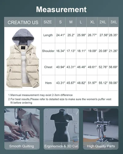 Miniatura 77 de CREATMO US Chaleco cálido para mujer, chaleco grueso acolchado sin mangas con capucha desmontable