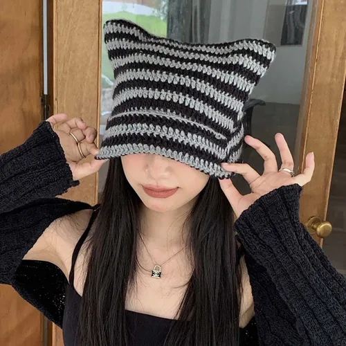 Miniatura 3 de Lindo gorro de punto para mujer, suéter de lana cálida para otoño e invierno con protección para orejas de gato