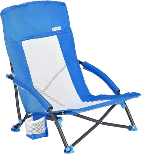 Miniatura 12 de SUNNYFEEL Silla de playa baja plegable para adultos, sillas de camping de playa ligeras portátiles con soporte para tazas, reposabrazos, silla