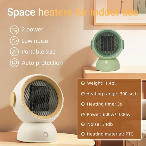 Miniatura 8 de Calentador de espacio, calentadores eléctricos portátiles para habitación pequeña, para uso en interiores, dos velocidades, 1200 W, mini Blanco