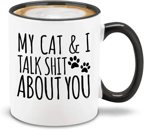 shop4ever My Cat & I Talk About You - Taza de café de cerámica, regalo divertido para mamá gata, 11 onzas (mango negro)