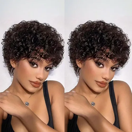 Miniatura 20 de PangDongLai Pelucas de cabello humano con corte Pixie para mujeres negras, pelucas de corte Pixie en capas con flequillo, sin pegamento, cabello