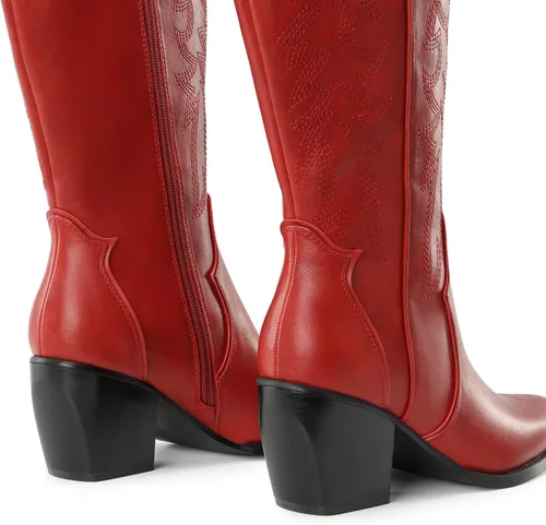 Miniatura 4 de DREAM PAIRS Botas vaqueras para mujer, cómodas, con cremallera, tacón grueso, puntera puntiaguda, bordadas, vaquera occidental, botas altas hasta