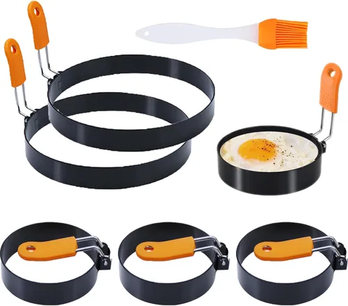 Miniatura 6 de Juego de 4 anillos para huevos de 3.5 pulgadas con mango de silicona, anillo grande para freír huevos, molde redondo para magdalenas inglesas